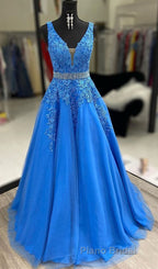 A Line V Neck Blue Lace Long Formal Prom Dresses with Belt, Blue Lace Formal Evening Dresses