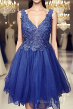 A Line V Neck Blue Lace Short Formal Prom Dress, Blue Lace Homecoming Dress, Short Blue Formal Evening Dress