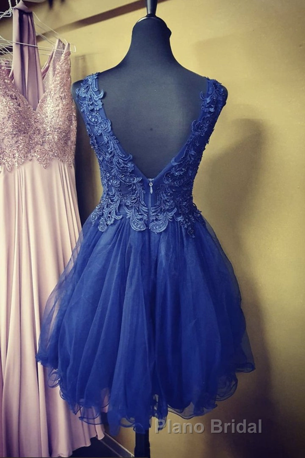 A Line V Neck Blue Lace Short Formal Prom Dress, Blue Lace Homecoming Dress, Short Blue Formal Evening Dress Secondary image