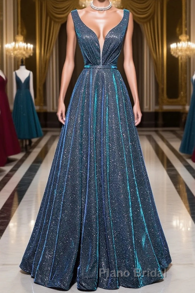 A-line V Neck Blue Long Formal Prom Dress, Blue Formal Dresses Main image
