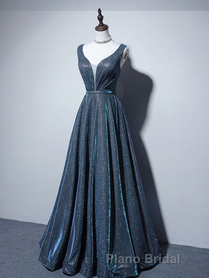 A-line V Neck Blue Long Formal Prom Dress, Blue Formal Dresses Secondary image