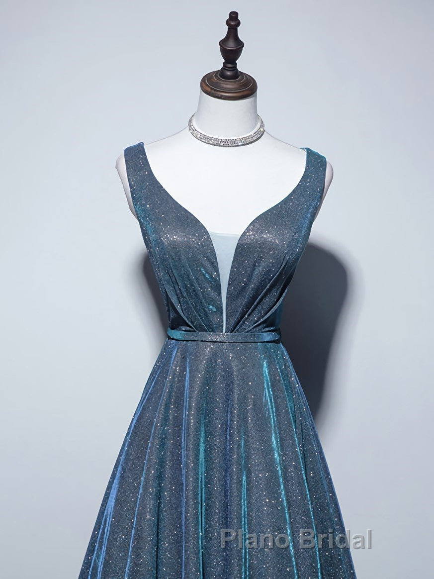 A-line V Neck Blue Long Formal Prom Dress, Blue Formal Dresses