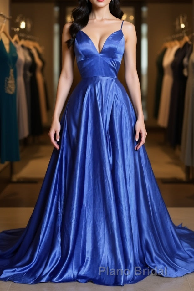 A Line V Neck Blue Long Formal Prom Dress, V Neck Blue Formal Graduation Evening Dress