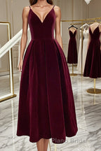 A Line V Neck Burgundy Black Tea Length Formal Prom Dresses, Short Black Wine Red Formal Homecoming Dresses