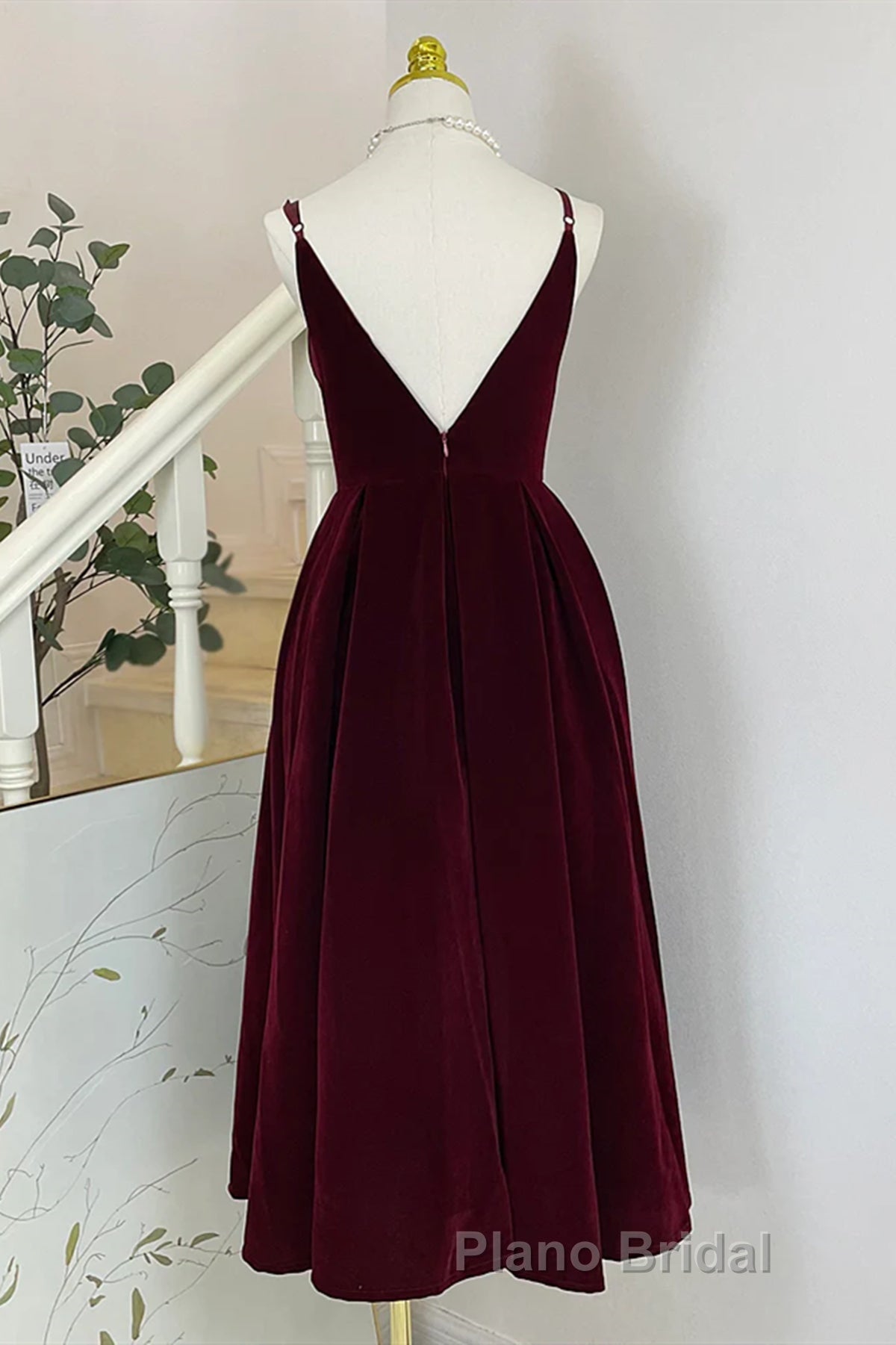 A Line V Neck Burgundy Black Tea Length Formal Prom Dresses, Short Black Wine Red Formal Homecoming Dresses Secondary image