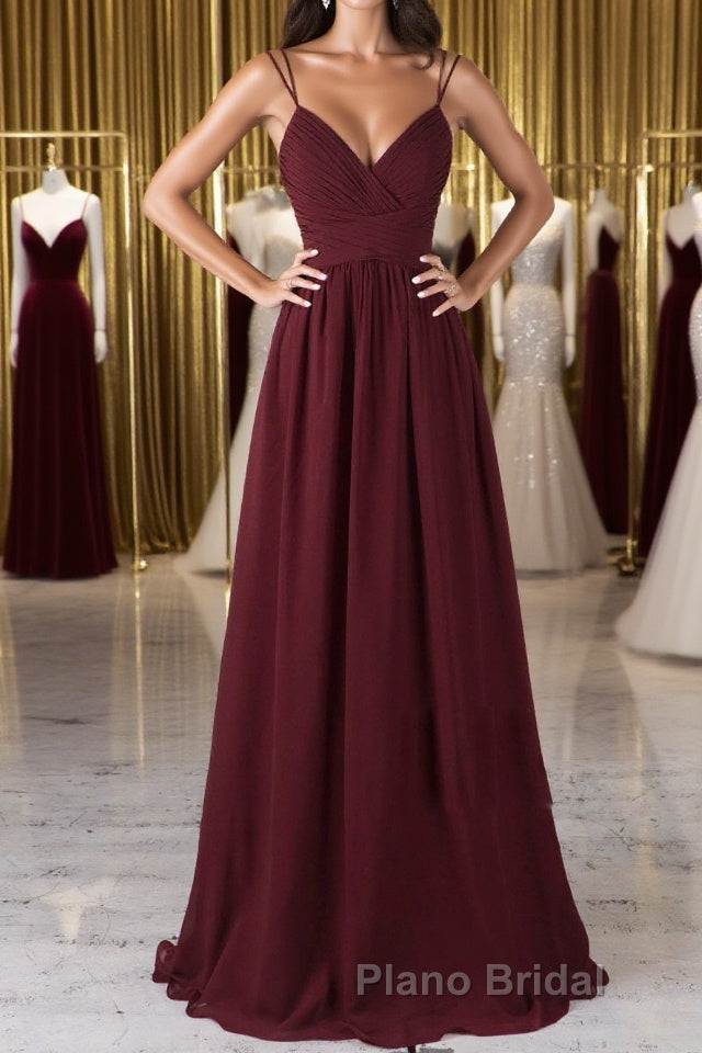 A Line V Neck Burgundy Chiffon Long Formal Prom Dress with Lace Back, V Neck Lace Back Burgundy Formal Graduation Evening Dress Main image
