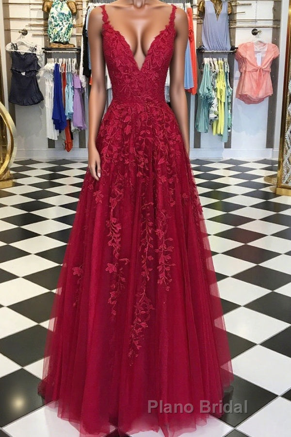 A Line V Neck Burgundy Lace Formal Prom Dresses, Wine Burgundy Lace Formal Evening Dresses