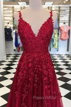 A Line V Neck Burgundy Lace Formal Prom Dresses, Wine Red Lace Formal Evening Dresses