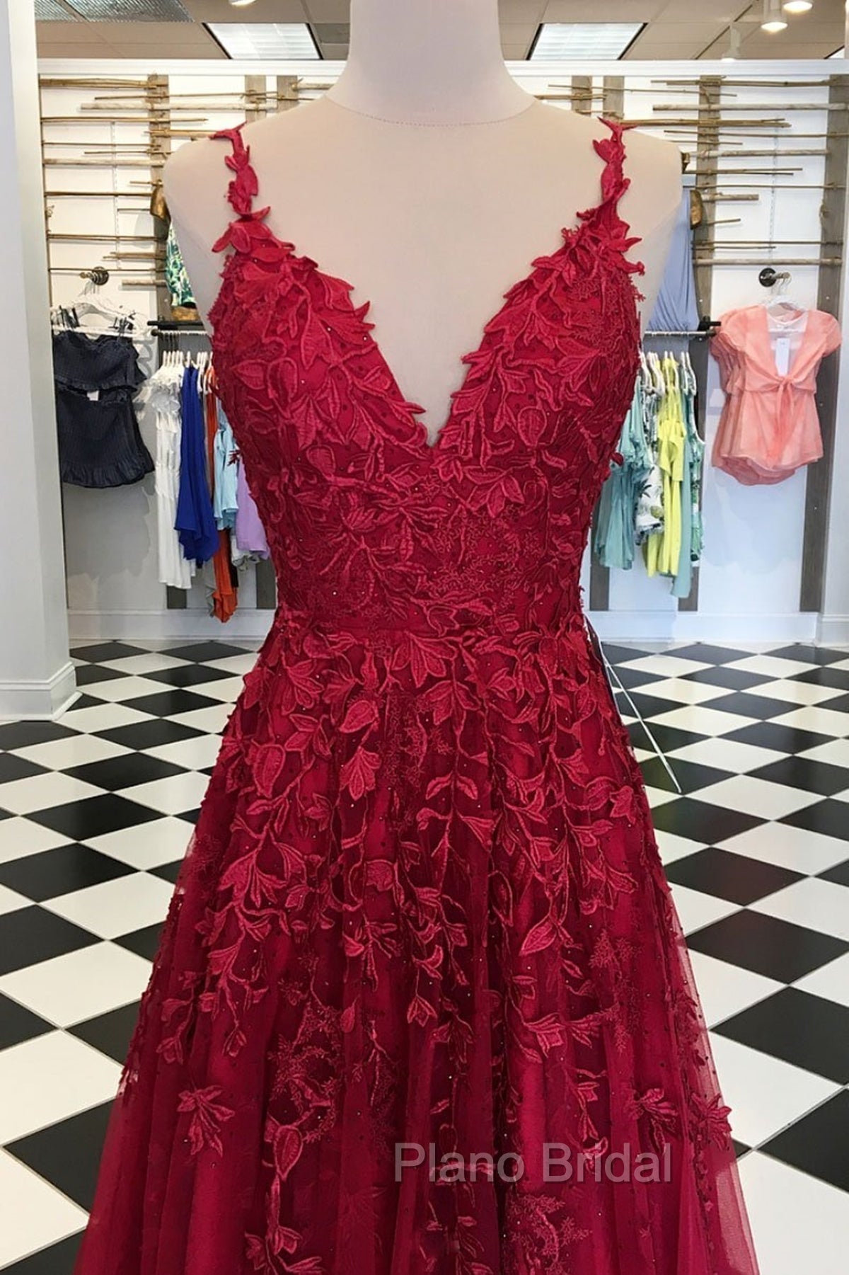 A Line V Neck Burgundy Lace Formal Prom Dresses, Wine Red Lace Formal Evening Dresses