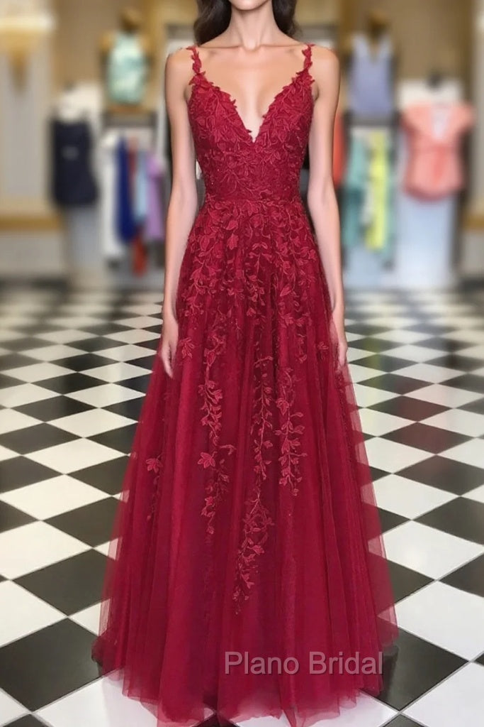 A Line V Neck Burgundy Lace Formal Prom Dresses, Wine Red Lace Formal Evening Dresses Main image