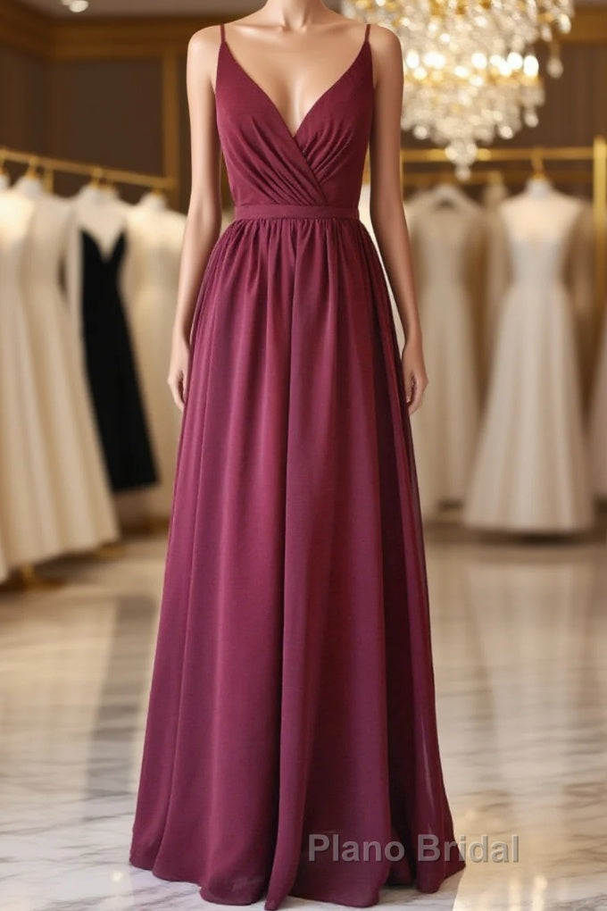 A Line V Neck Burgundy Long Formal Prom Dress with Lace Back, V Neck Burgundy Formal Evening Dress, Burgundy Bridesmaid Dress Main image