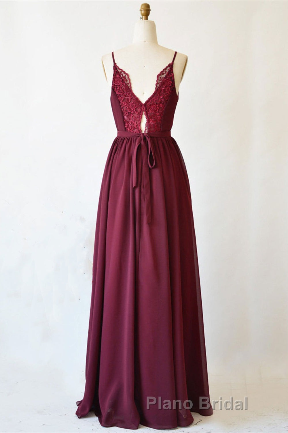 A Line V Neck Burgundy Long Formal Prom Dress with Lace Back, V Neck Burgundy Formal Evening Dress, Burgundy Bridesmaid Dress