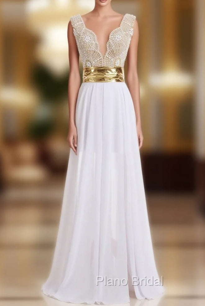 A-line V-neck Cap Sleeves Floor Length Chiffon Pearls Slit Formal Prom Gown Main image