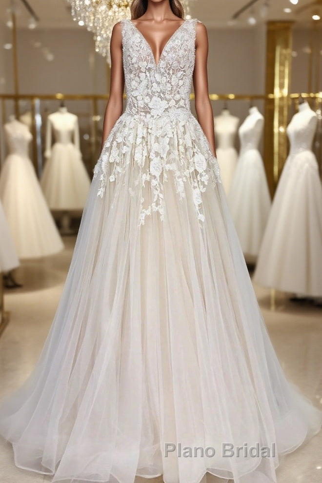 A Line V Neck Champagne Lace Long Formal Prom Dresses, Champagne Lace Formal Dresses, Champagne Evening Dresses Main image