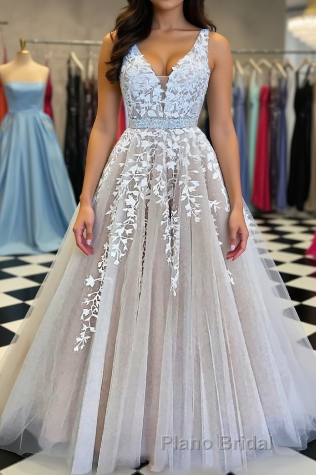 A Line V Neck Champagne Lace Formal Prom Dresses, Champagne Lace Formal Evening Dresses Main image