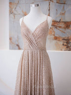 A Line V Neck Champagne Long Formal Prom Dresses, Shiny Tulle Champagne Evening Dresses