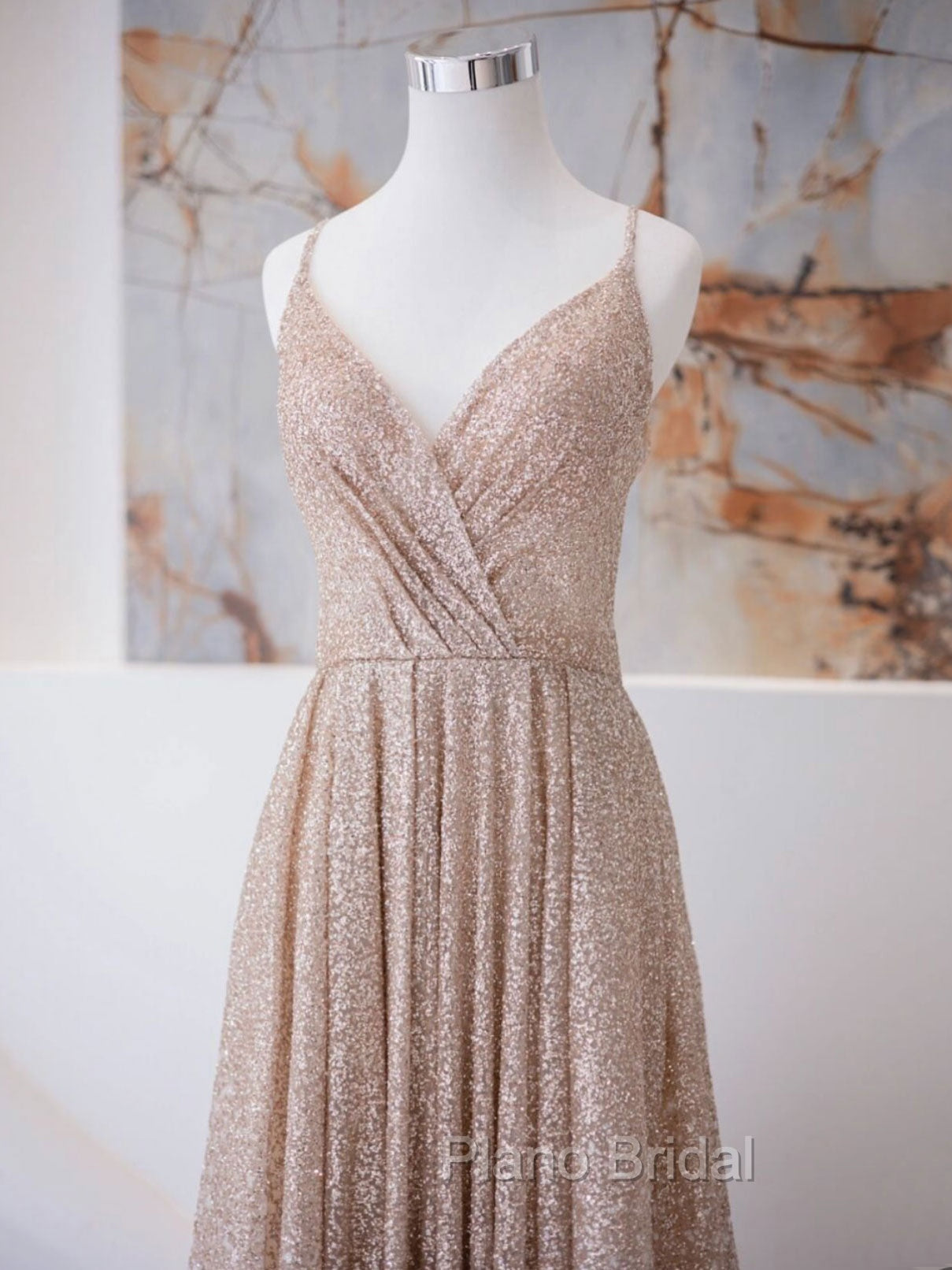 A Line V Neck Champagne Long Formal Prom Dresses, Shiny Tulle Champagne Evening Dresses