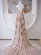 A Line V Neck Champagne Long Formal Prom Dresses, Shiny Tulle Champagne Evening Dresses
