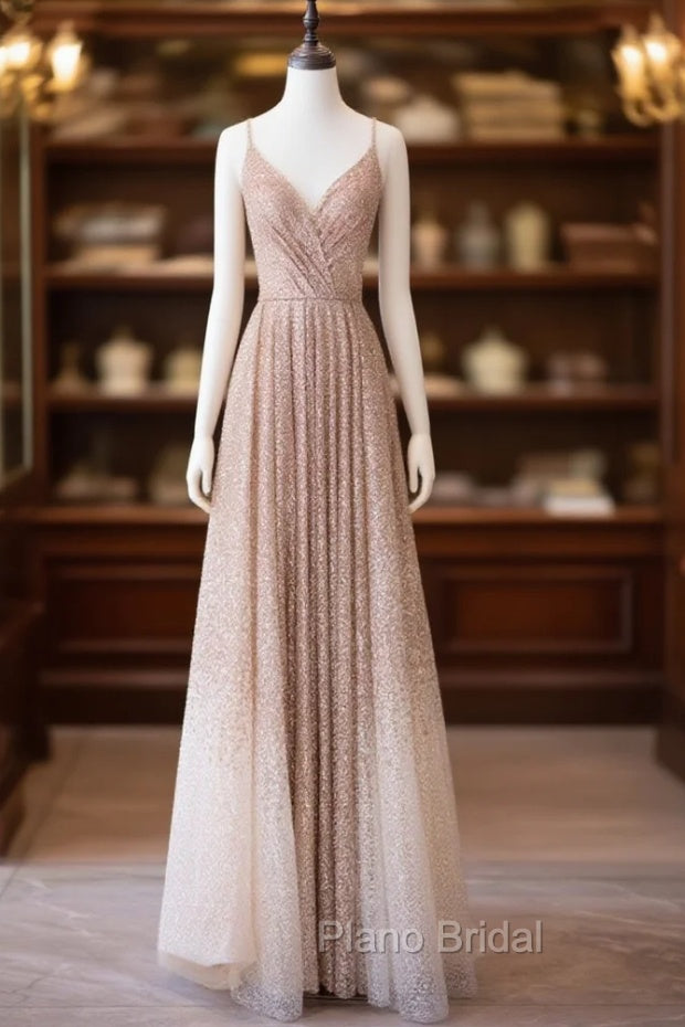 A Line V Neck Champagne Long Formal Prom Dresses, Shiny Tulle Champagne Evening Dresses Main image