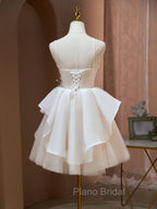A Line V Neck Champagne Short Formal Prom Dresses, Formal Mini Gown Cute Puffy Homecoming Dresses