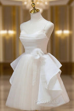 A Line V Neck Champagne Short Formal Prom Dresses, Formal Mini Gown Cute Puffy Homecoming Dresses