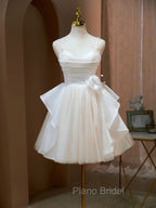 A Line V Neck Champagne Short Formal Prom Dresses, Formal Mini Gown Cute Puffy Homecoming Dresses