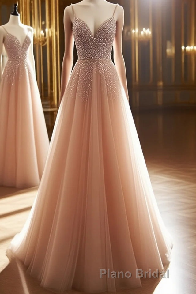 A Line V Neck Champagne Tulle Long Beaded Formal Prom Dresses, Champagne Long Formal Evening Dresses Main image