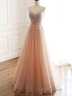 A Line V Neck Champagne Tulle Long Beaded Formal Prom Dresses, Champagne Long Formal Evening Dresses