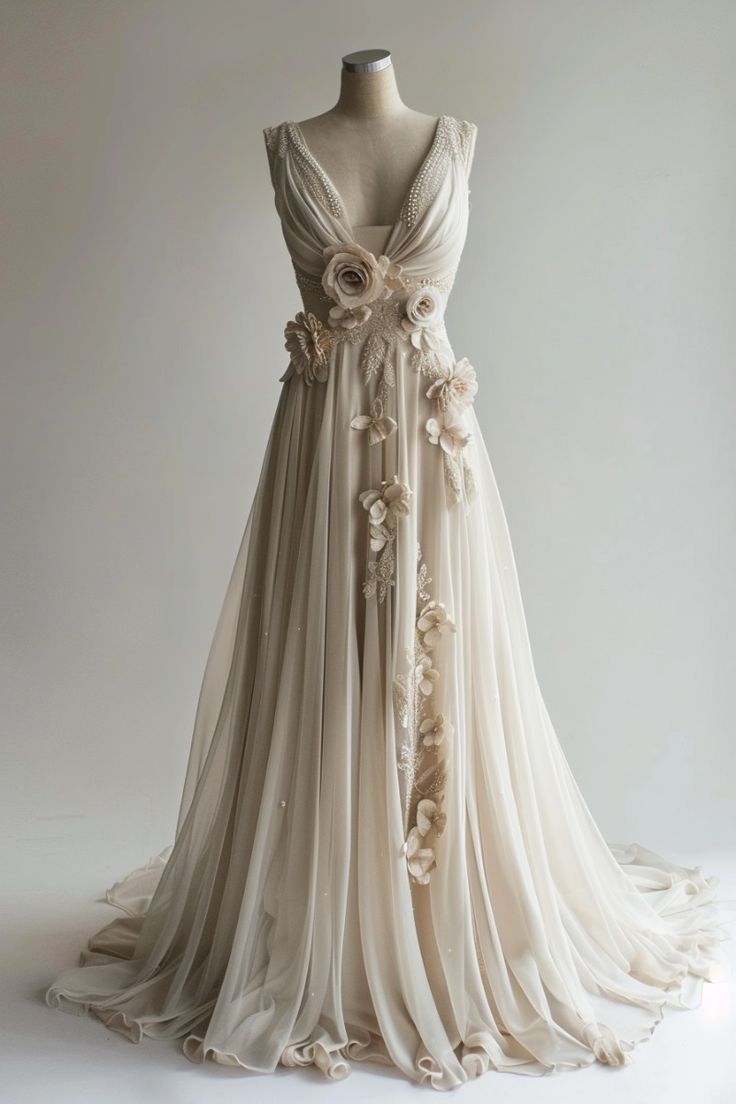 A-Line V-Neck Beaded Chiffon Long Formal Prom Dresses, Vintage Applique Wedding Dresses Main image