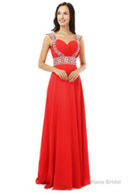A-line V Neck Chiffon Long Red Prom Dresses
