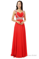 A-line V Neck Chiffon Long Red Prom Dresses