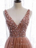 A Line V Neck Dark Pink Beaded Long Formal Prom Dresses, V Neck Pink Long Formal Graduation Dresses