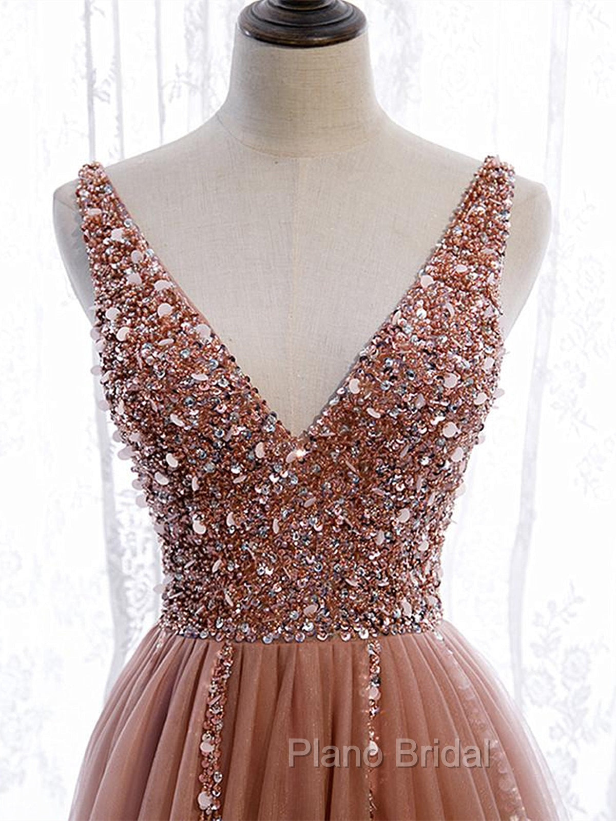 A Line V Neck Dark Pink Beaded Long Formal Prom Dresses, V Neck Pink Long Formal Graduation Dresses