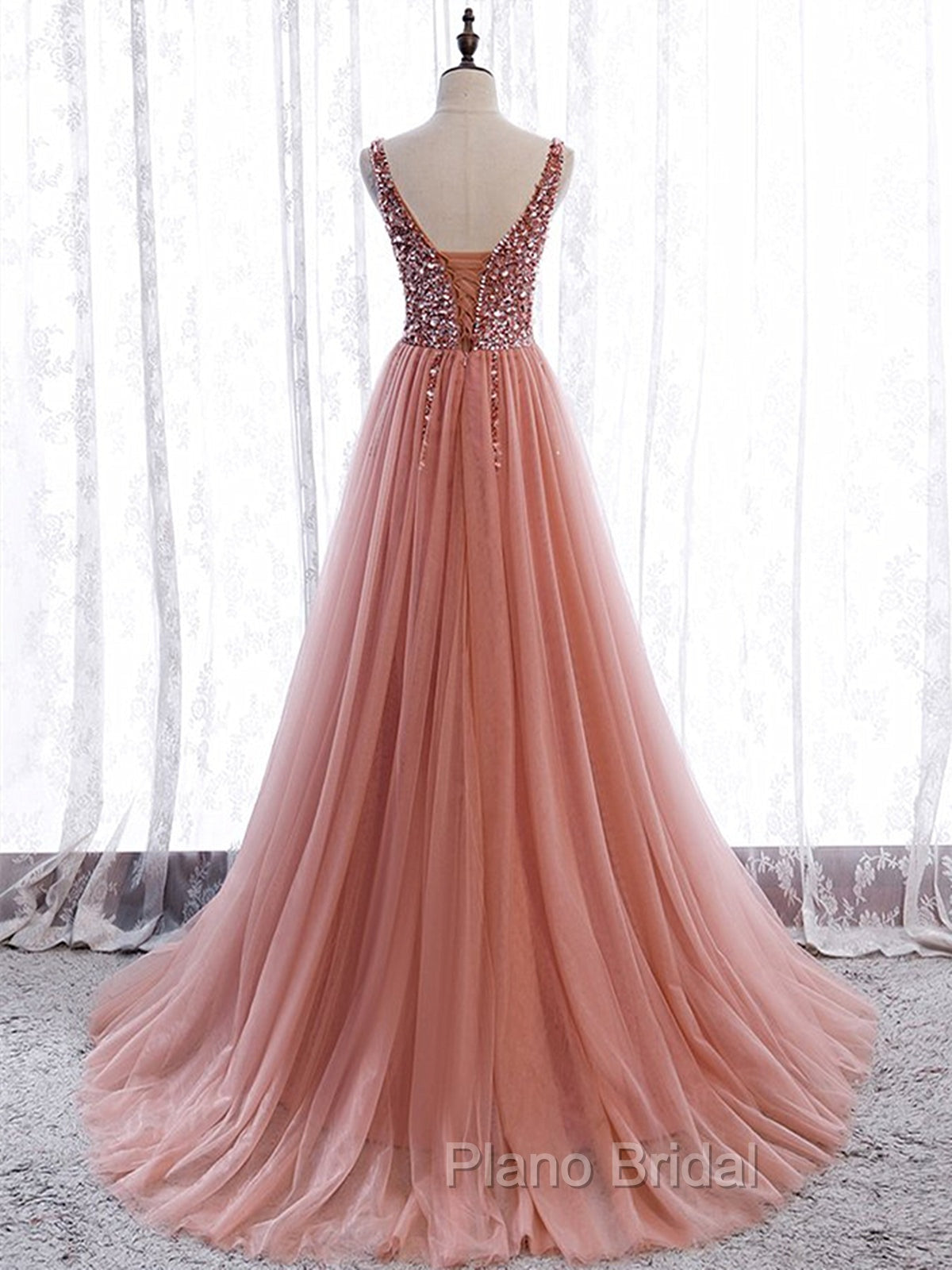 A Line V Neck Dark Pink Beaded Long Formal Prom Dresses, V Neck Pink Long Formal Graduation Dresses