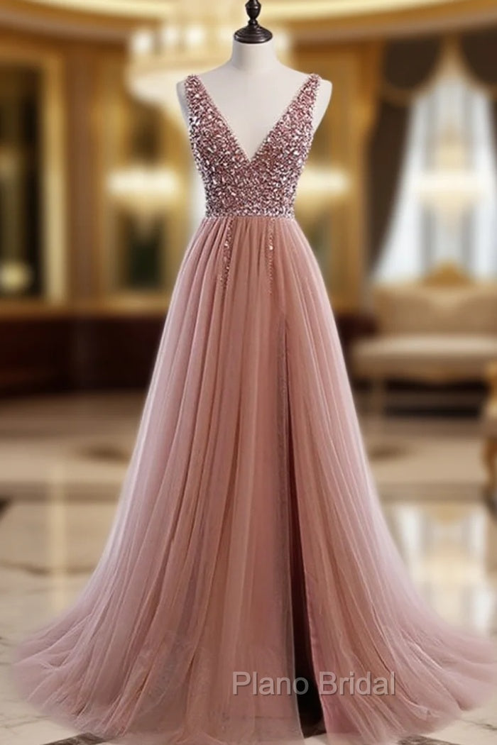 A Line V Neck Dark Pink Beaded Long Formal Prom Dresses, V Neck Pink Long Formal Graduation Dresses Main image
