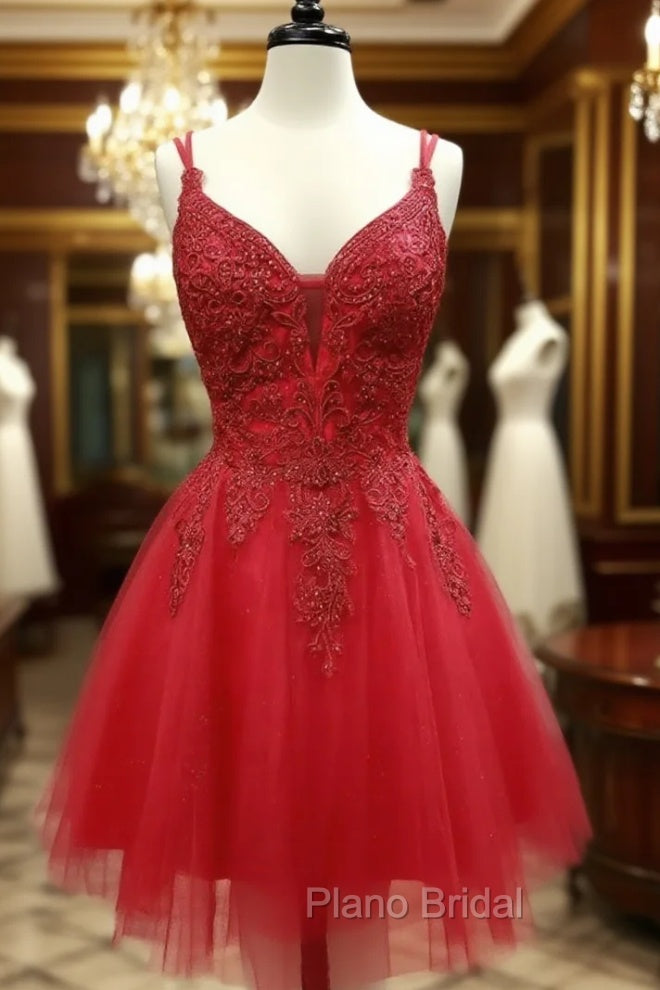 A Line V Neck Dark Red Lace Formal Prom Dresses, Dark Red Lace Formal Homecoming Dresses Main image