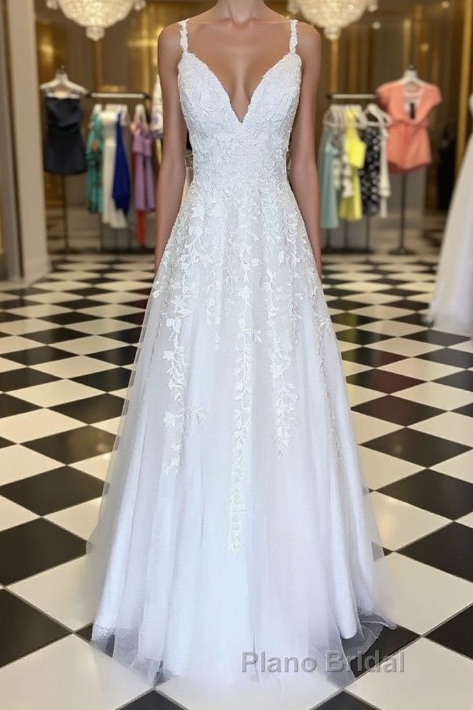 A Line V Neck Floor Length Lace White Long Formal Prom Dresses, White Lace Formal Dresses, V Neck White Evening Dresses Main image