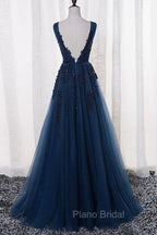 A-Line V-Neck Floor Length Navy Blue Formal Prom Dresses With Appliques