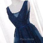 A-Line V-Neck Floor Length Navy Blue Formal Prom Dresses With Appliques