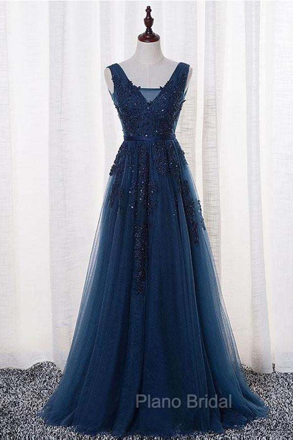A-Line V-Neck Floor Length Navy Blue Formal Prom Dresses With Appliques
