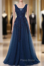 A-Line V-Neck Floor Length Navy Blue Formal Prom Dresses With Appliques