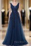 A-Line V-Neck Floor Length Navy Blue Formal Prom Dresses With Appliques