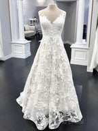 A Line V Neck Floral Lace Long Formal Prom Dresses