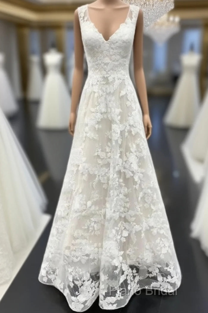 A Line V Neck Floral Lace Long Formal Prom Dresses