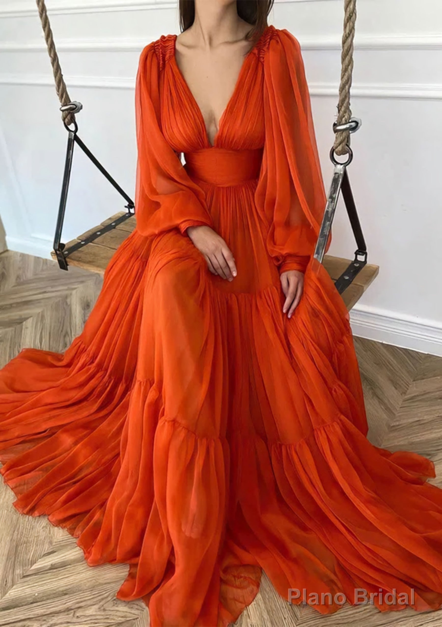 A-line V Neck Full/Long Sleeve Long/Floor-Length Chiffon Prom Dresses With Pleated Main image