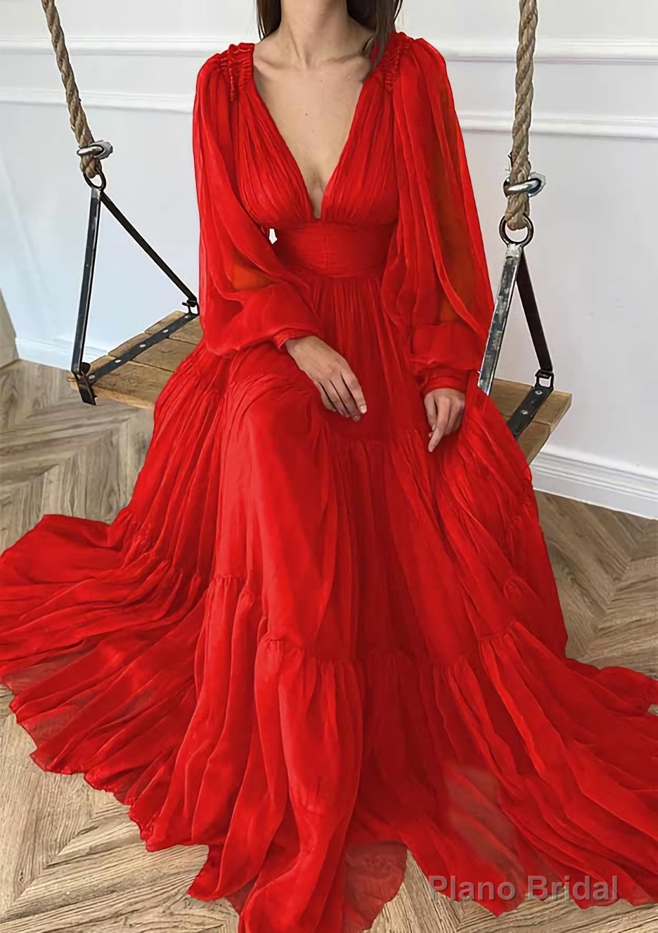 A-line V Neck Full/Long Sleeve Long/Floor-Length Chiffon Prom Dresses With Pleated