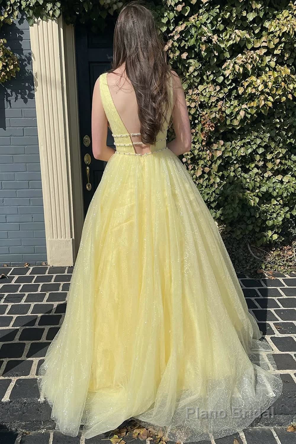 A-Line V Neck Glitter Tulle Prom Dress Secondary image
