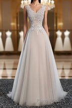 A Line V Neck Gray Floral Long Formal Prom Dresses, V Neck Gray Long Floral Formal Bridesmaid Dresses