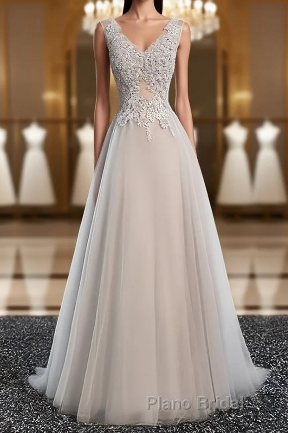A Line V Neck Gray Floral Long Formal Prom Dresses, V Neck Gray Long Floral Formal Bridesmaid Dresses