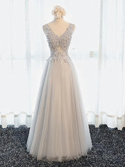 A Line V Neck Gray Floral Long Prom Dresses, V Neck Gray Long Floral Formal Bridesmaid Dresses